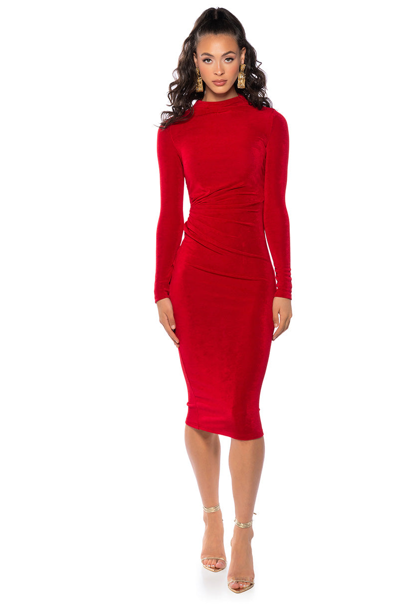 ARIANA RUCHED LONG SLEEVE FUNNEL NECK MIDI DRESS