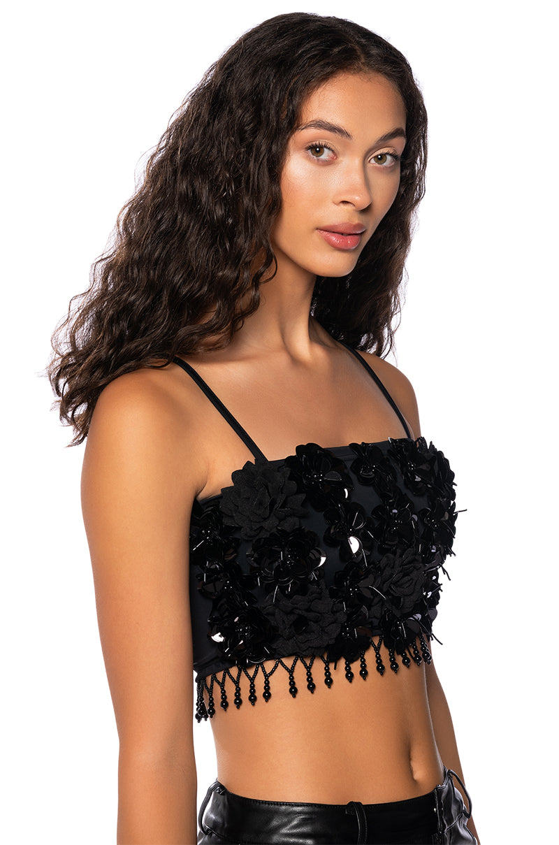 THE LUXE LIFE SEQUIN FLOWERS CROP TOP