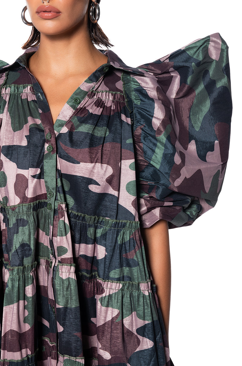 RUFFLE SLEEVE CAMO PRINT TRAPEZE MINI DRESS