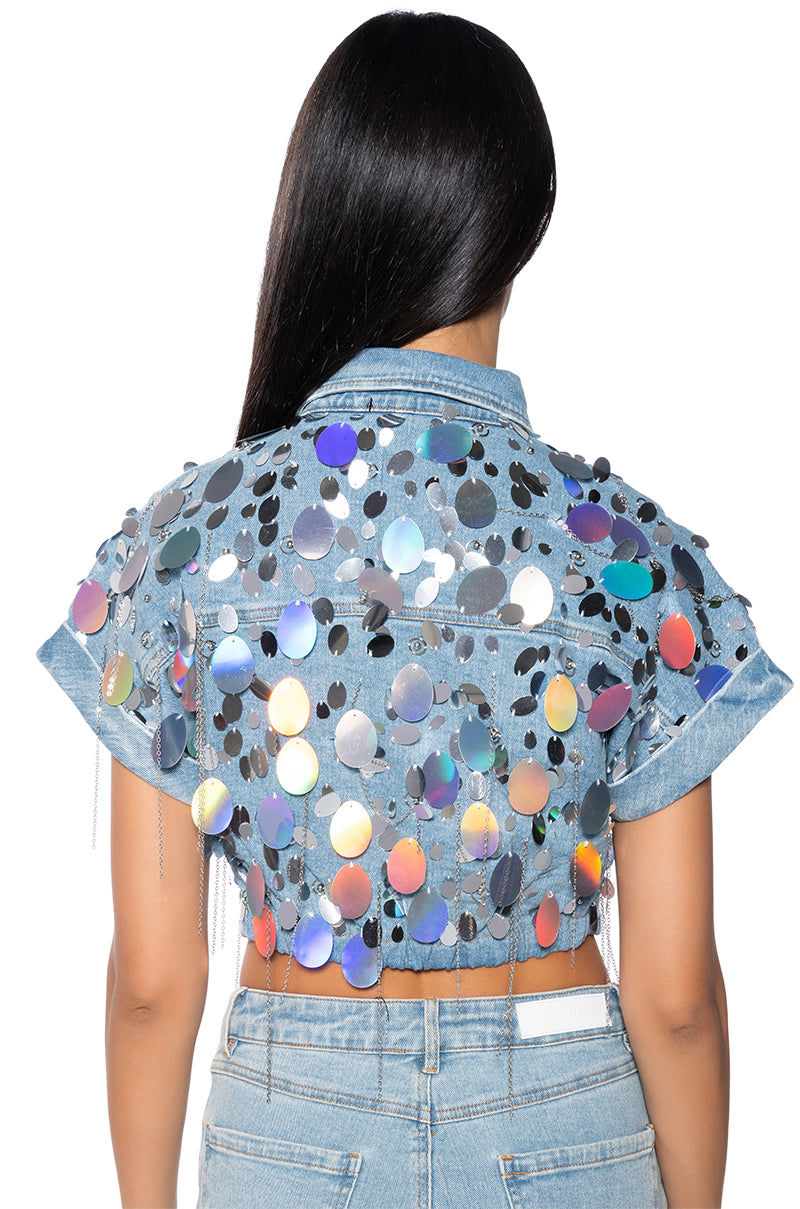 A GIRL NAMED LUCKY EMBELLISHED BUTTON DOWN DENIM CROP TOP