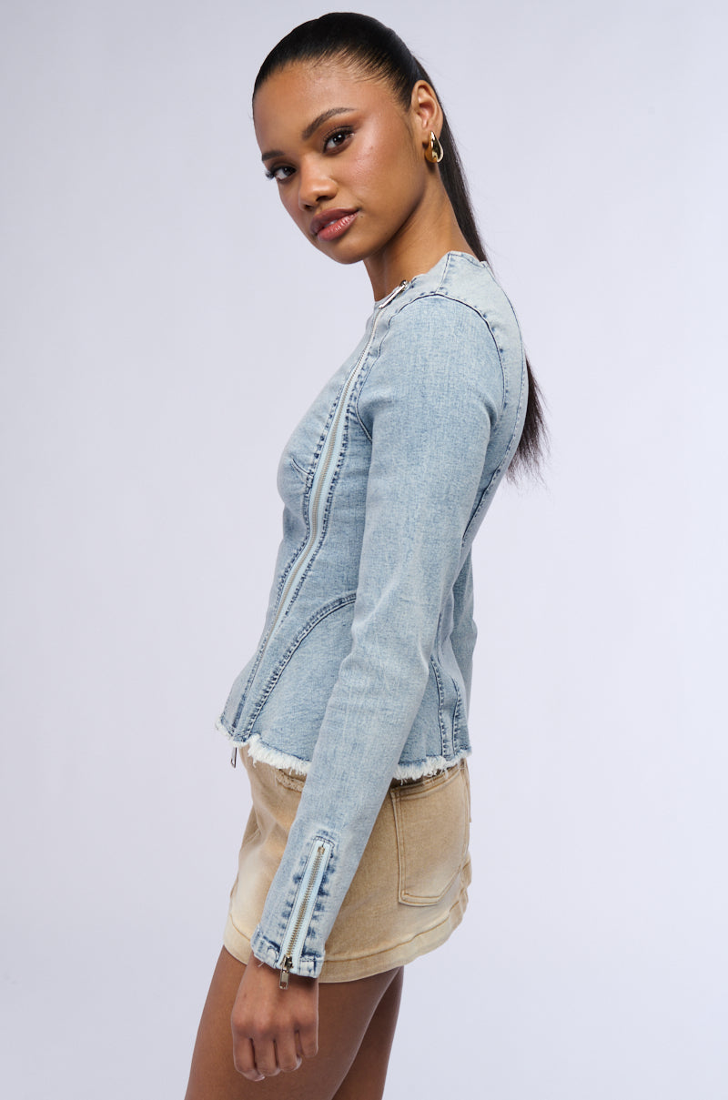 MIRROR MIRROR DENIM PEPLUM BLOUSE