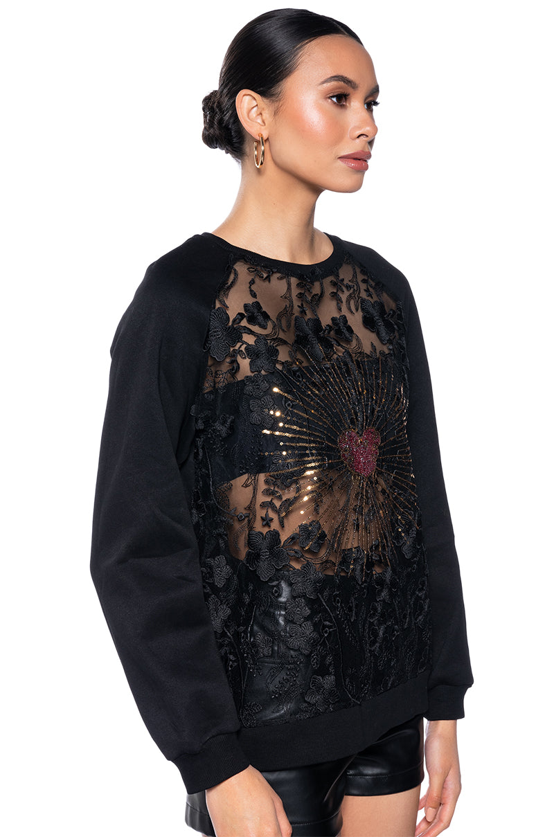 QUEEN OF HEARTS LACE DETAIL PULL OVER SWEATSHIRT