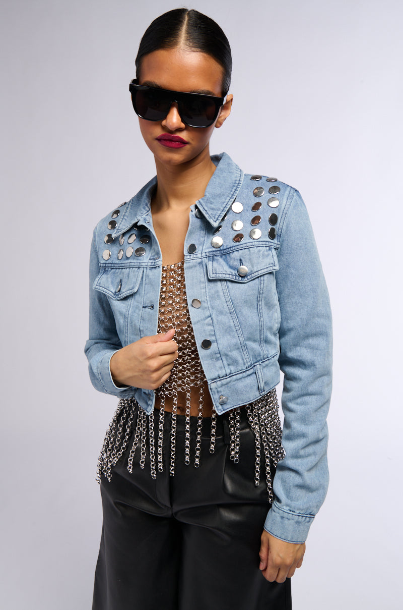 CROPPED DENIM JACKET WITH CIRCLE STUDS