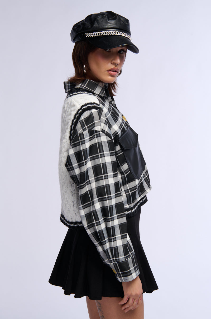 SWEATER WEATHER BUTTONED PATCHWORK PLAID TOP