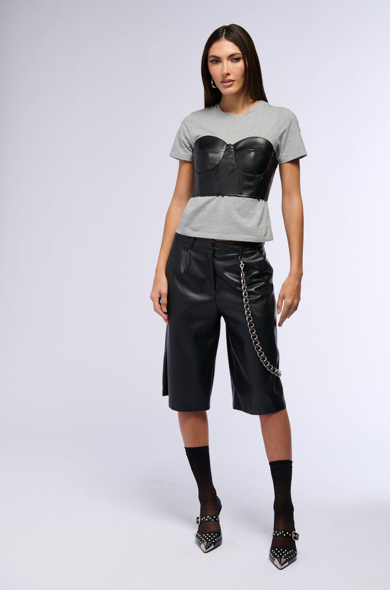 GOT ME TWISTED T SHIRT WITH FAUX LEATHER CORSET DETAIL