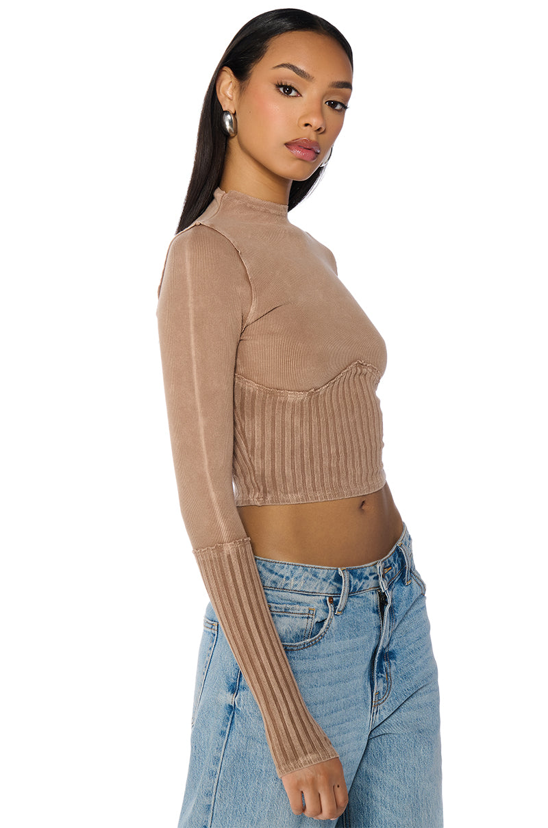 WILLOW CORSET LONG SLEEVE TEE IN LIGHT BROWN