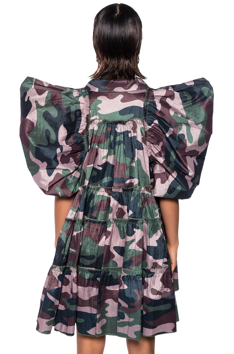 RUFFLE SLEEVE CAMO PRINT TRAPEZE MINI DRESS