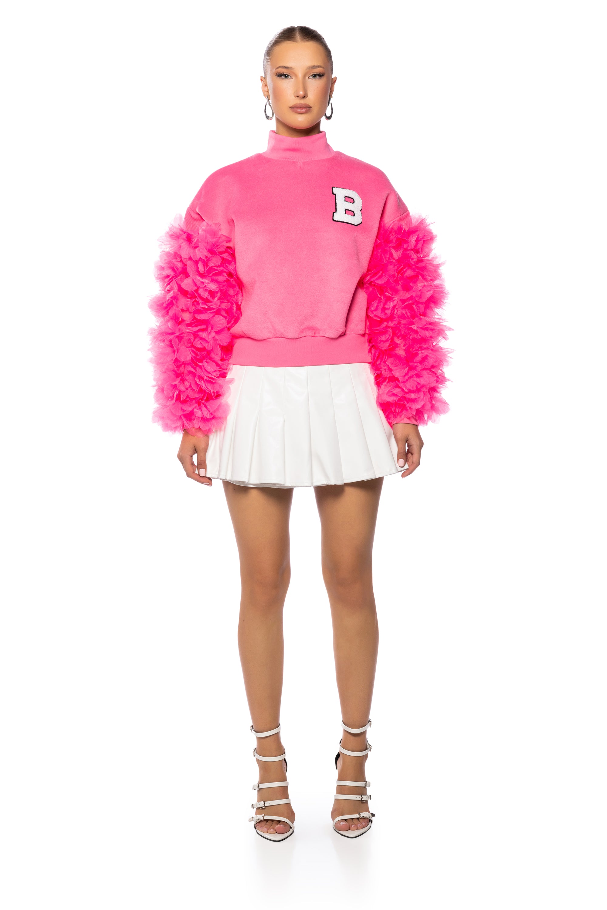 UPPER EAST SIDE PINK RUFFLE SLEEVE SWEATSHIRT