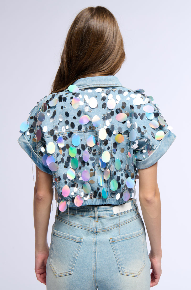 A GIRL NAMED LUCKY EMBELLISHED BUTTON DOWN DENIM CROP TOP