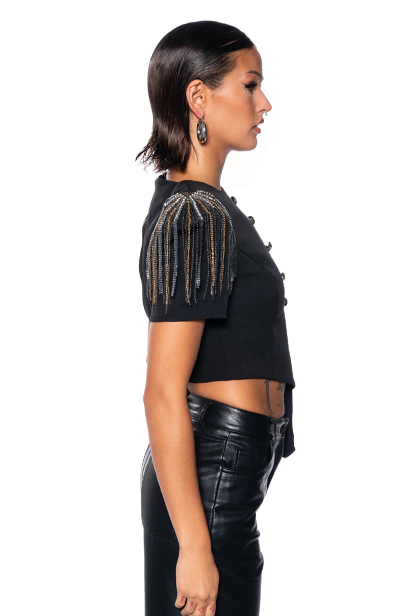 RUN THIS TOWN FRINGE SHOULDER DRAMATIC BLOUSE