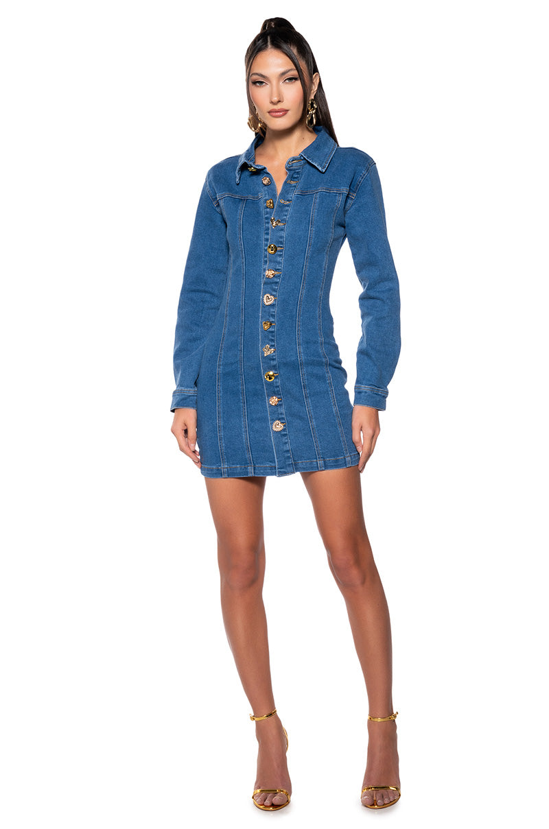 DON'T PUSH MY BUTTONS DENIM MINI DRESS