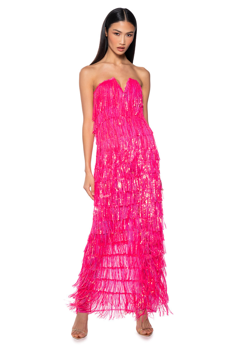 TOP OF THE WORLD STRAPLESS SEQUIN FRINGE MAXI DRESS IN FUCHSIA