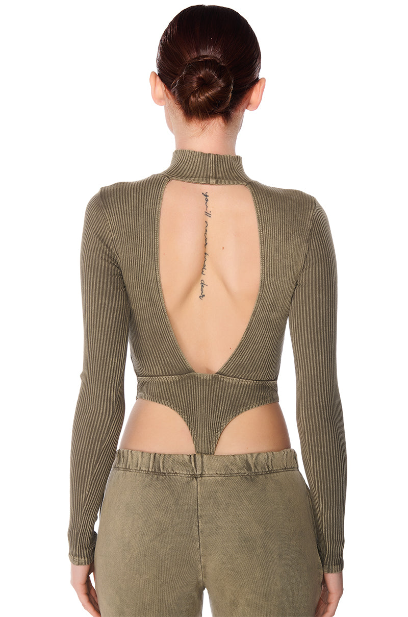 JOJO MINERAL WASH OPEN BACK BODYSUIT IN LIGHT BROWN