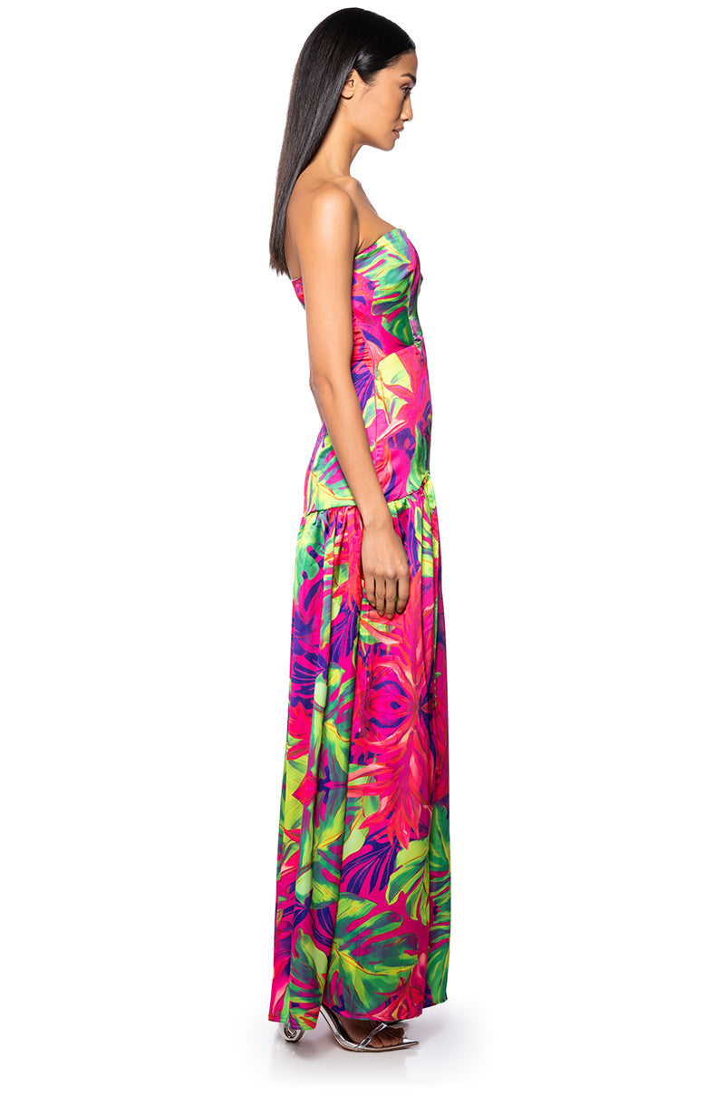 TROPICAL GETAWAY SATIN PRINTED MAXI DRESS