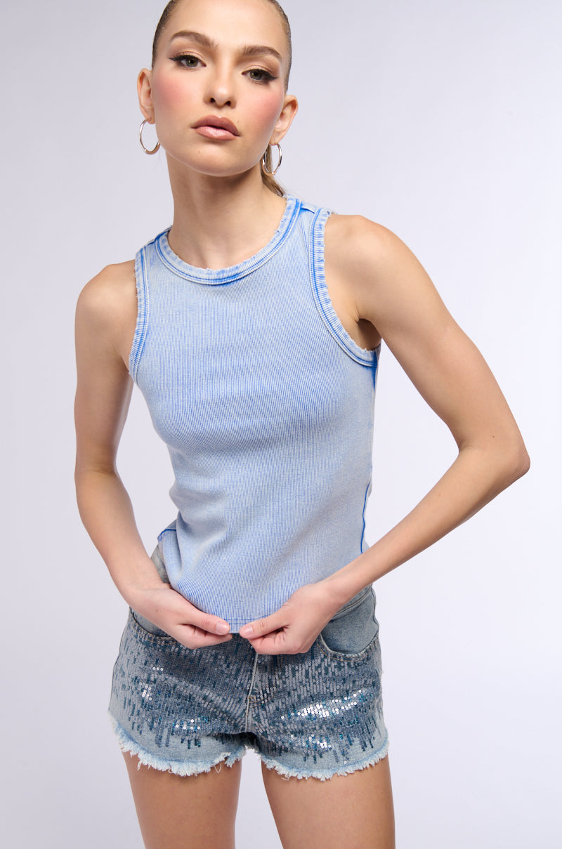 BASIC DISTRESSED MINERAL WASH TANK TOP IN BLUE