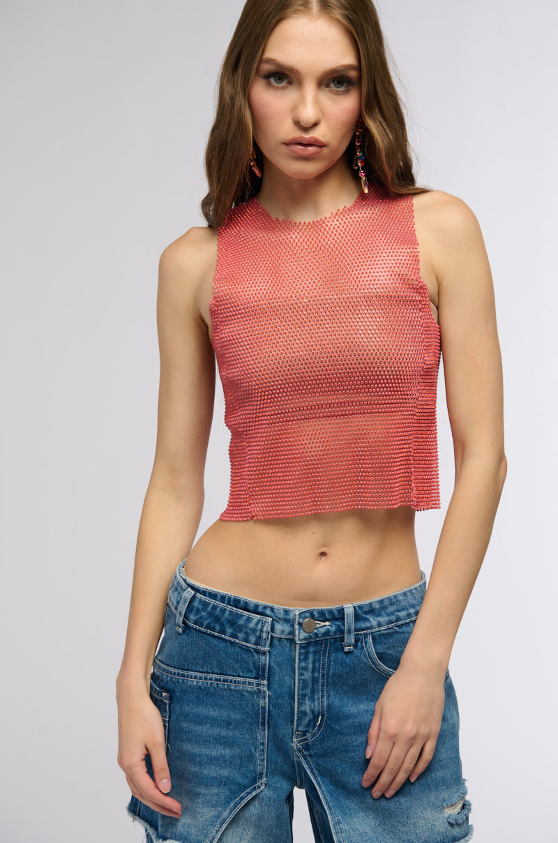 ZELDA RHINESTONE MESH SLEEVELESS TOP IN RED