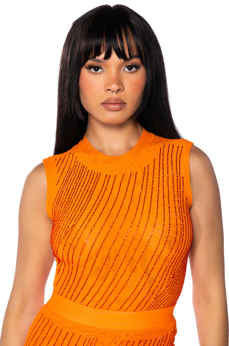 DIAMOND MESH SLEEVELESS BODYSUIT IN ORANGE