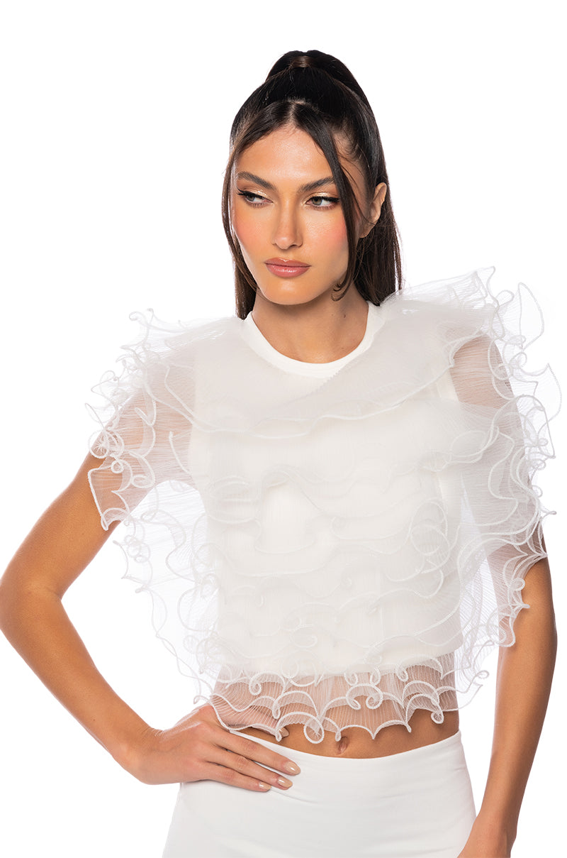 ANGEL FROM ABOVE SLEEVELESS RUFFLE TOP