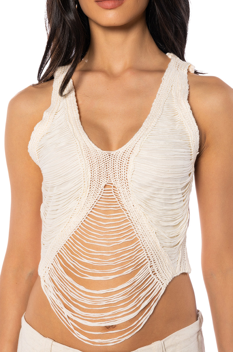 SLAY SLEEVELESS SHREDDED KNIT CROP TOP IN IVORY