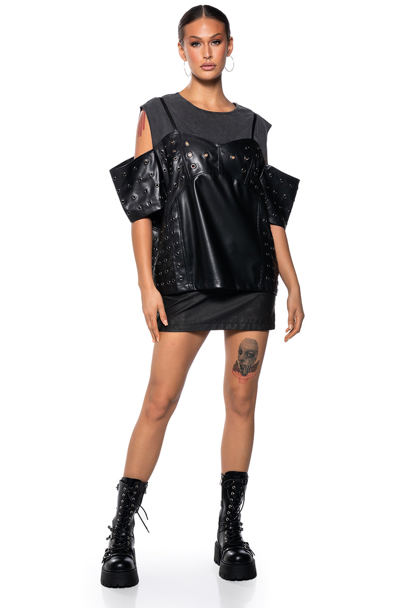 NOAH FAUX LEATHER COLD SHOULDER OVERSIZED T SHIRT