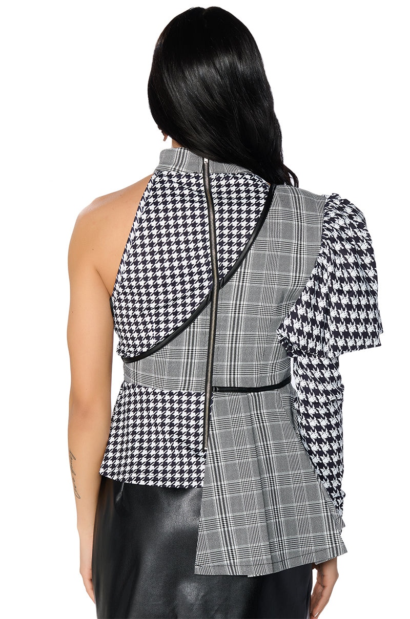 MIXED UP HOUNDSTOOTH PLAID SINGLE SLEEVE TOP