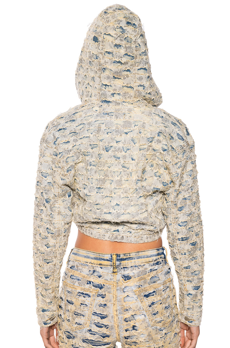 SECRET WEAPON DISTRESSED DENIM HOODED TOP