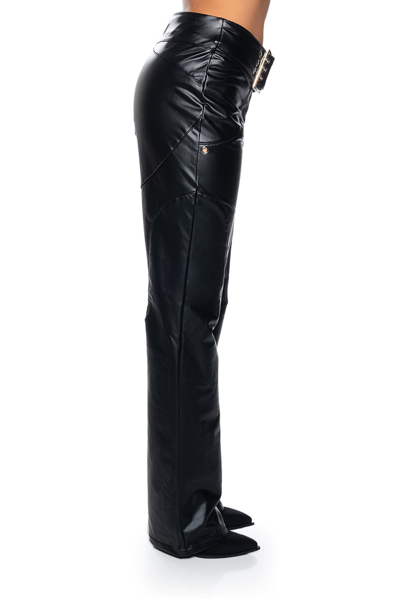 INVEST IN ME FAUX LEATHER FLARE LEG BELTED PANT