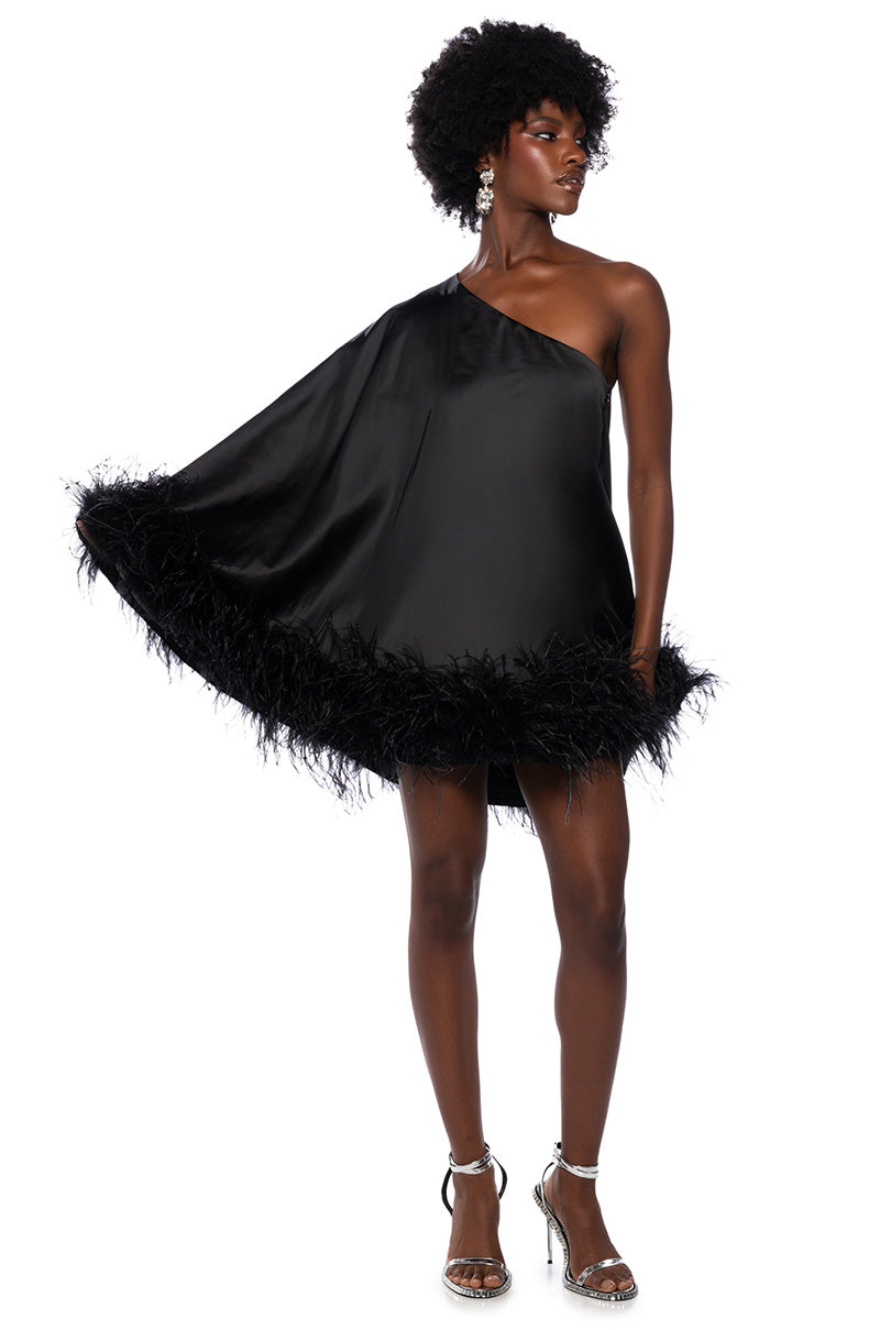 ISNT IT LOVELY ONE SHOULDER FEATHER HEM MINI DRESS IN BLACK