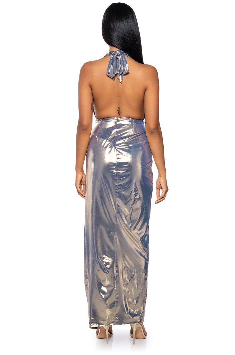 LIKE A GODDESS METALLIC MAXI DRESS