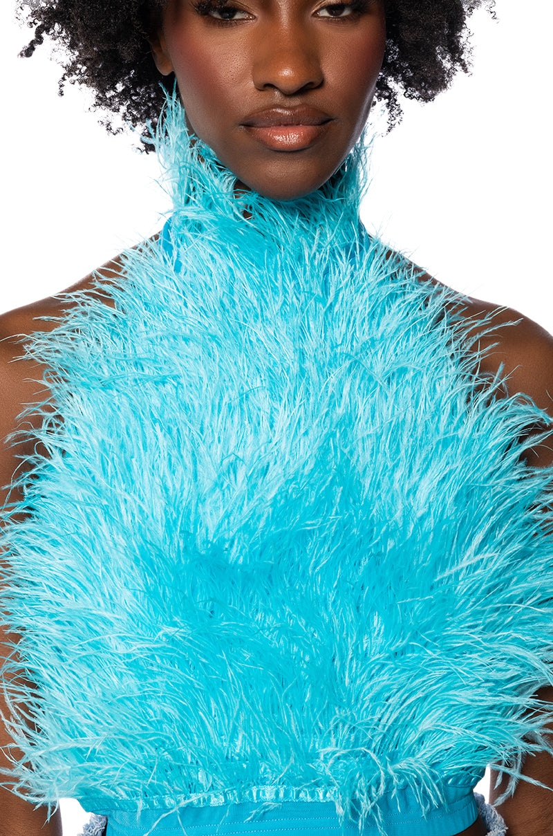 GENUINE OSTRICH FEATHER SLEEVELESS CROPPED HALTER BLOUSE IN BLUE