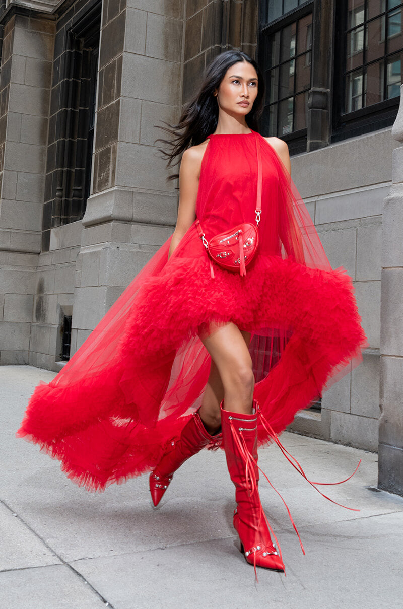 ARI TULLE RUFFLE HIGH LOW MINI DRESS IN RED