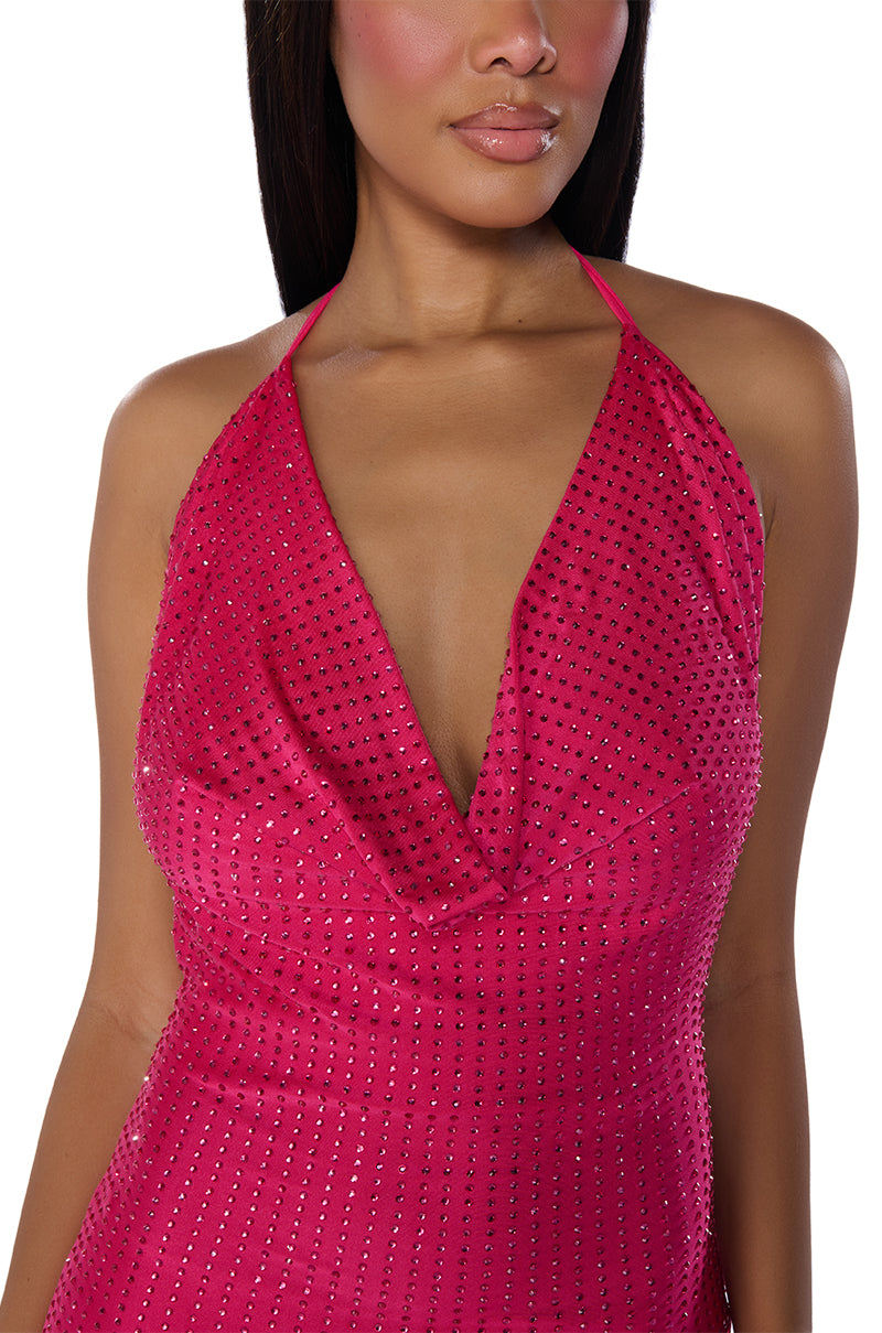 BRING IT EMBELLISHED COWL NECK MINI DRESS IN HOT PINK