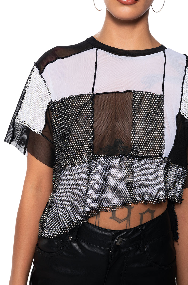 WHAT YOU WORKING WITH CROPPED RHINESTONE MESH TEE