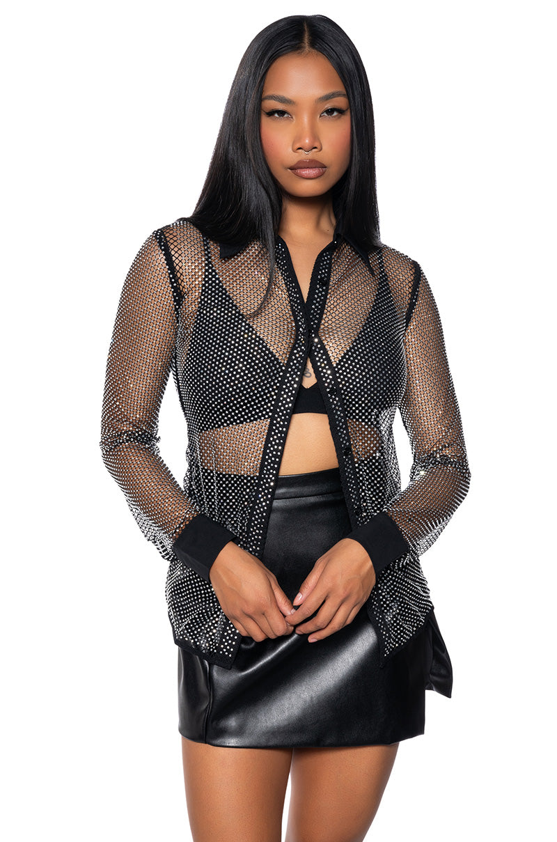 RHINESTONE MESH BUTTON DOWN SHIRT IN BLACK