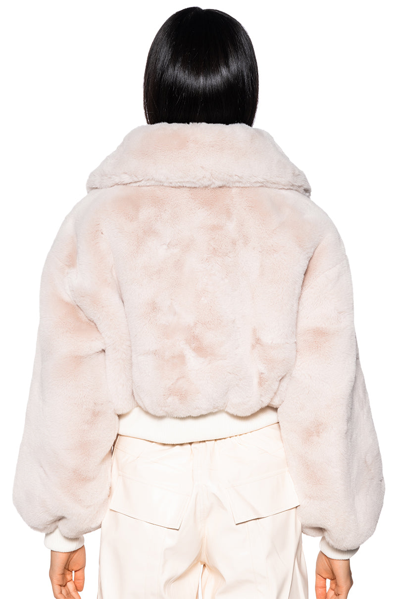 DREW FAUX FUR BOMBER WITH RIB TRIM