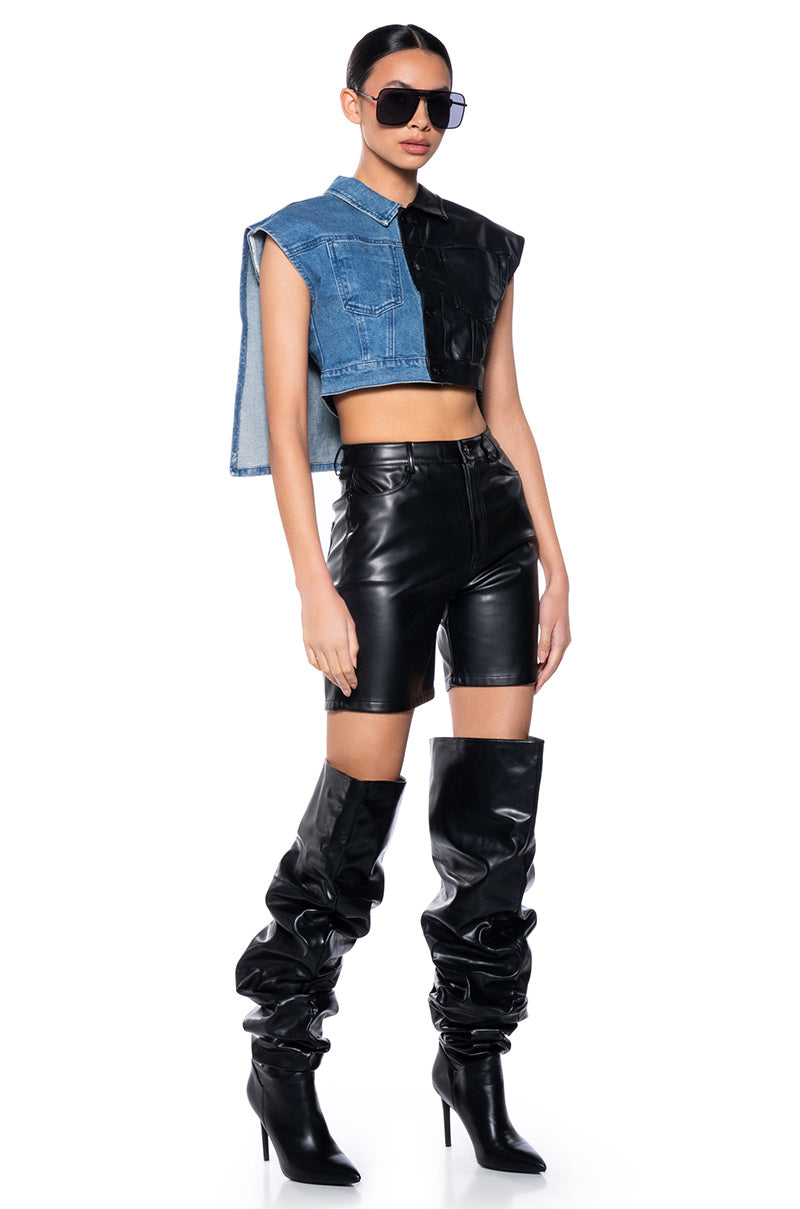 LOW RIDER HALF PU CROP DENIM VEST WITH CAPE