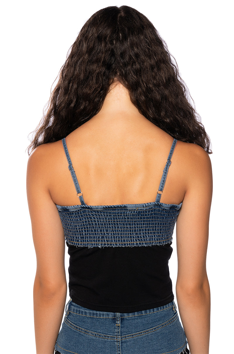 HOLLYWOOD DREAMS DENIM AND COTTON TUBE TOP