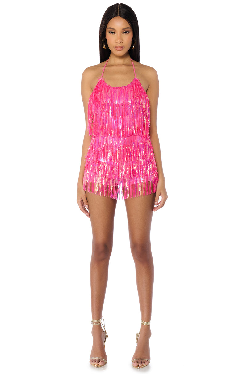 FLAPPER FRINGE ROMPER IN HOT PINK