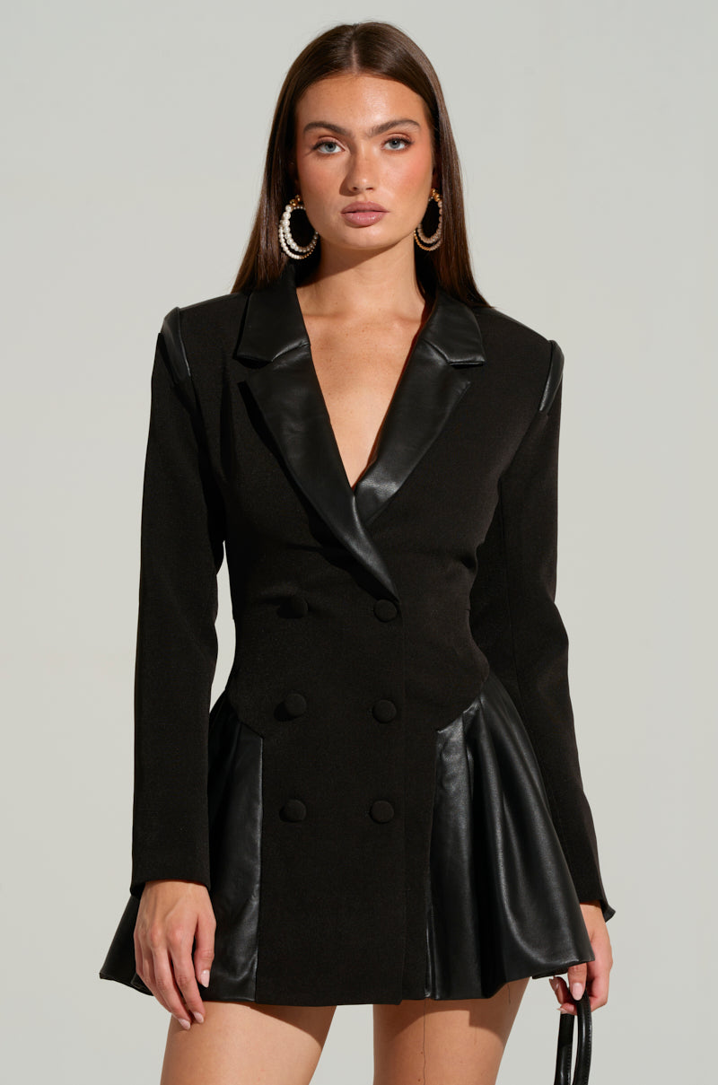 BACK TO BUSINESS FAUX LEATHER DETAIL PLEATED BLAZER DRESS