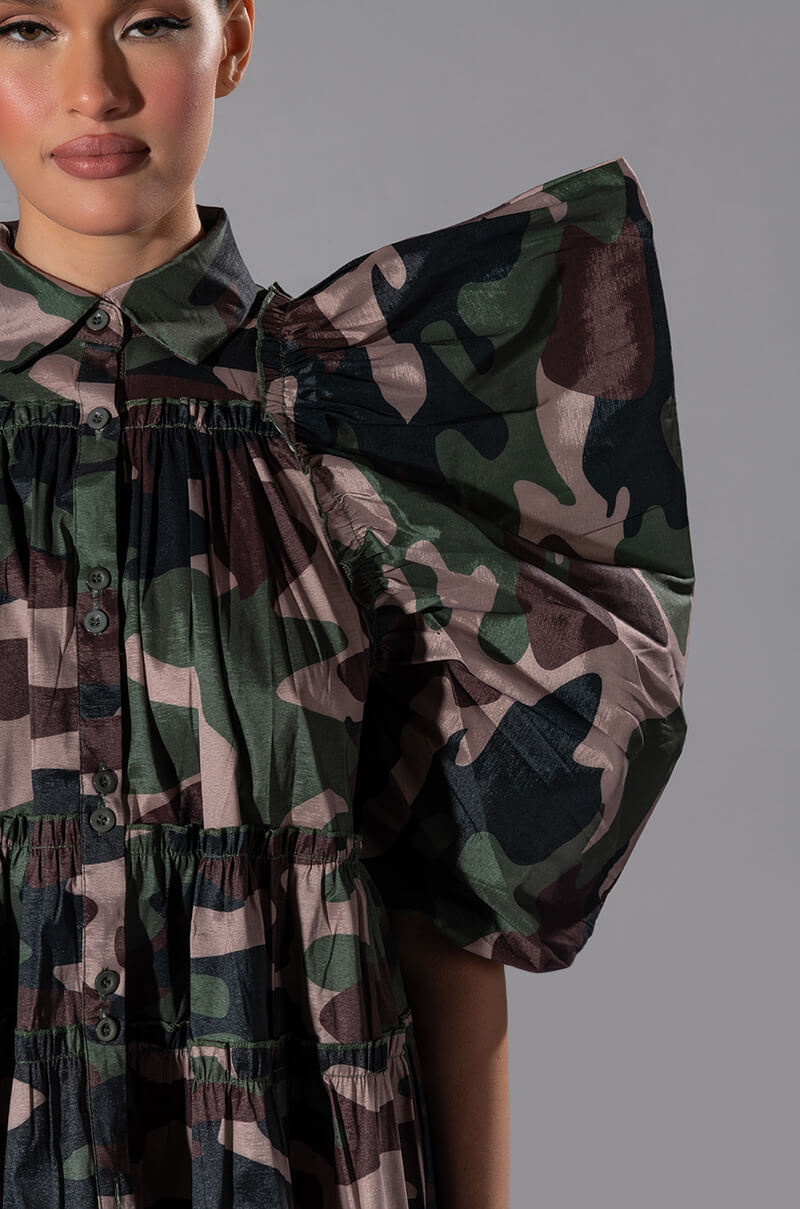 RUFFLE SLEEVE CAMO PRINT TRAPEZE MINI DRESS