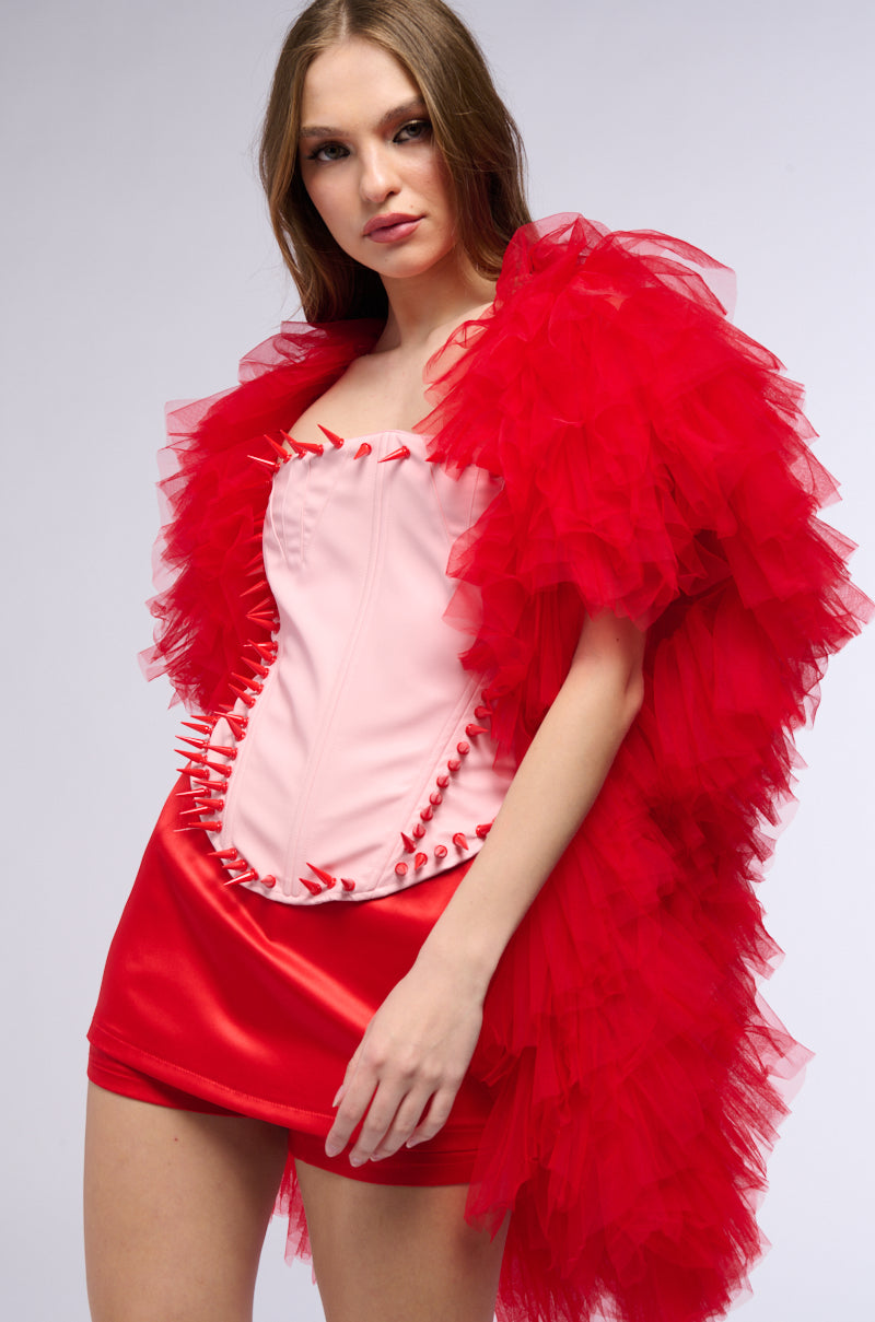 WANNA BE LOVED BY YOU TULLE WRAP SHRUG IN RED