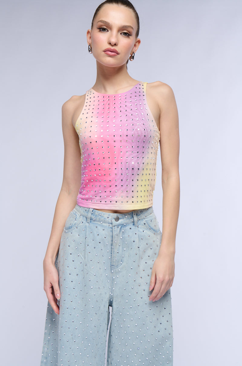 ALL STAR GIRL RHINESTONE EMBELLISHED MESH TANK IN MULTI