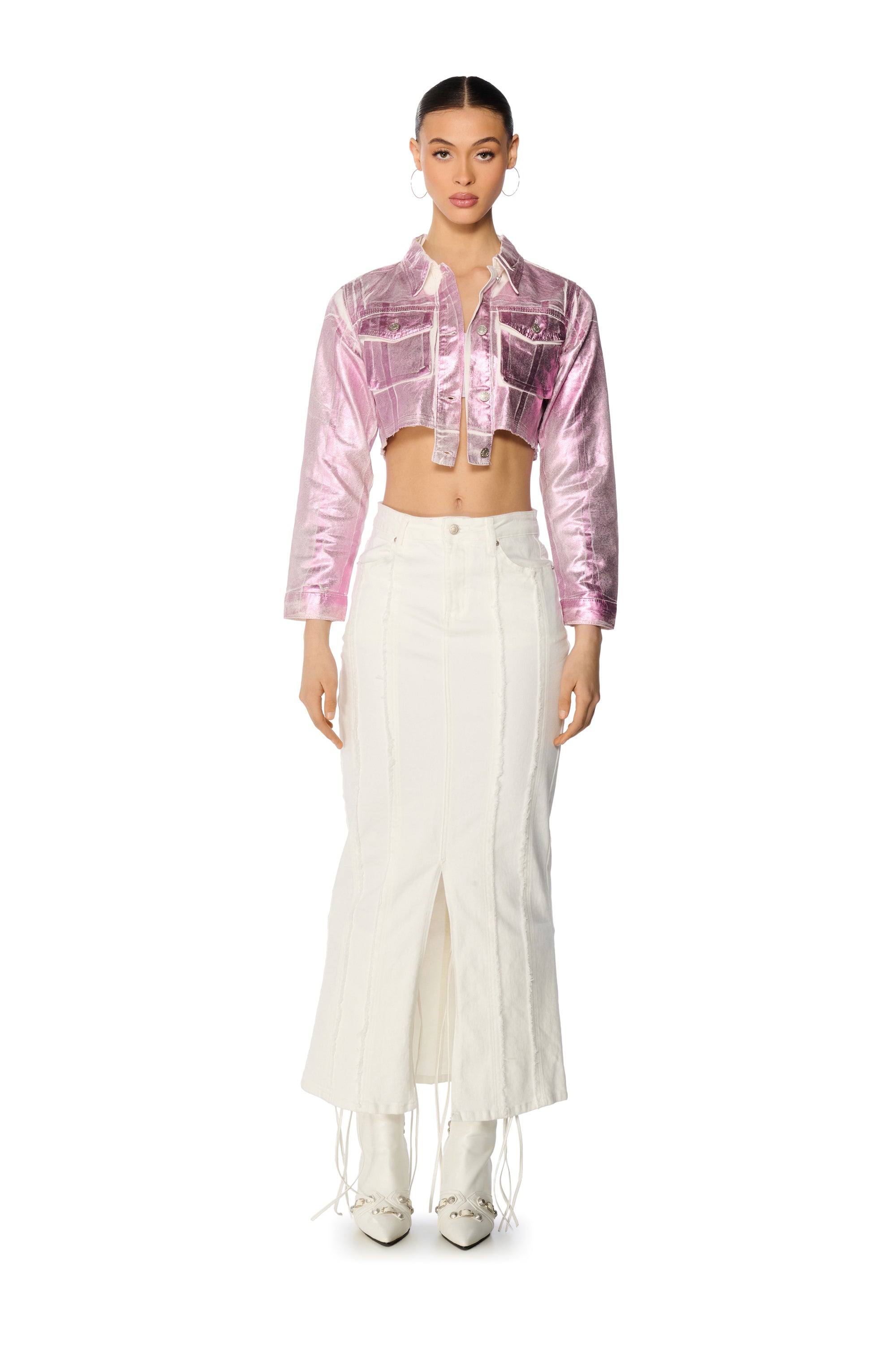 AUBREY BRUSHED METALLIC CROPPED DENIM JACKET IN PINK