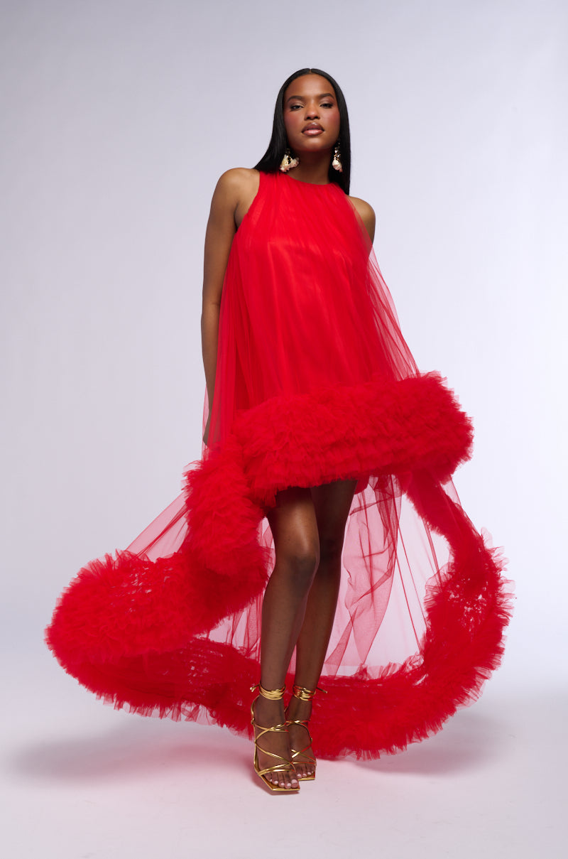 ARI TULLE RUFFLE HIGH LOW MINI DRESS IN RED