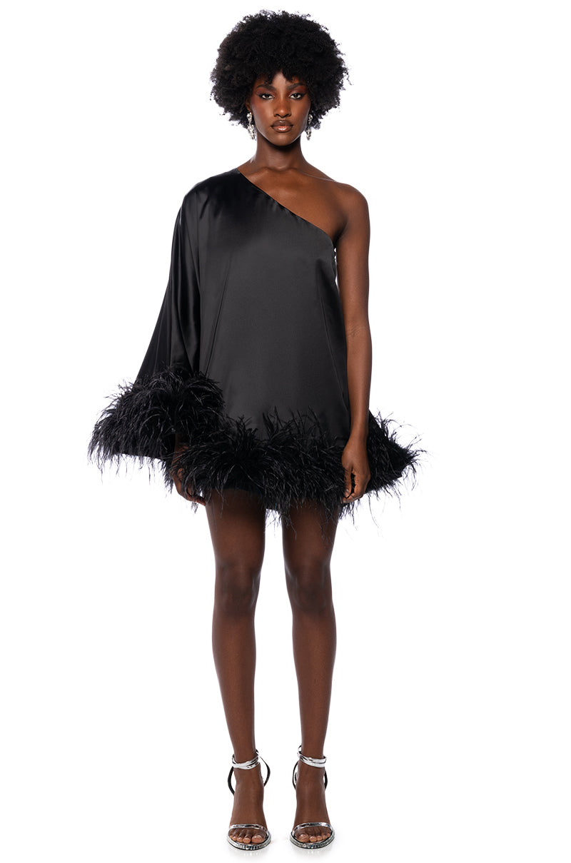 ISNT IT LOVELY ONE SHOULDER FEATHER HEM MINI DRESS IN BLACK