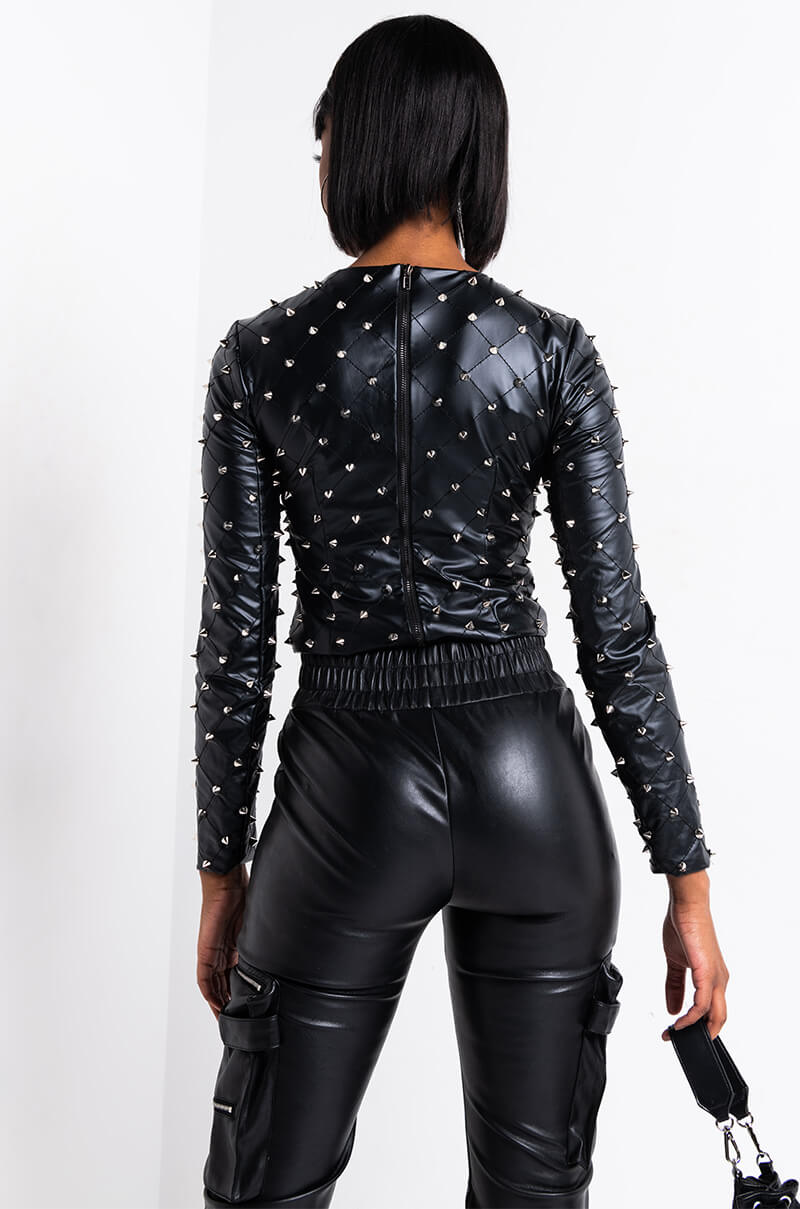 HBIC QUILTED FAUX LEATHER SPIKE DETAIL LONG SLEEVE TOP