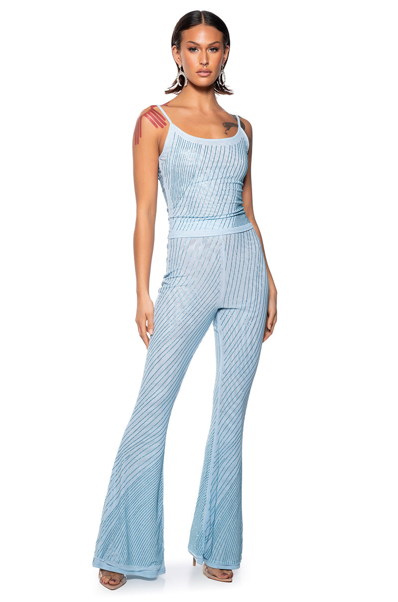 CUFF IT EMBELLISHED MESH FLARE LEG TROUSER