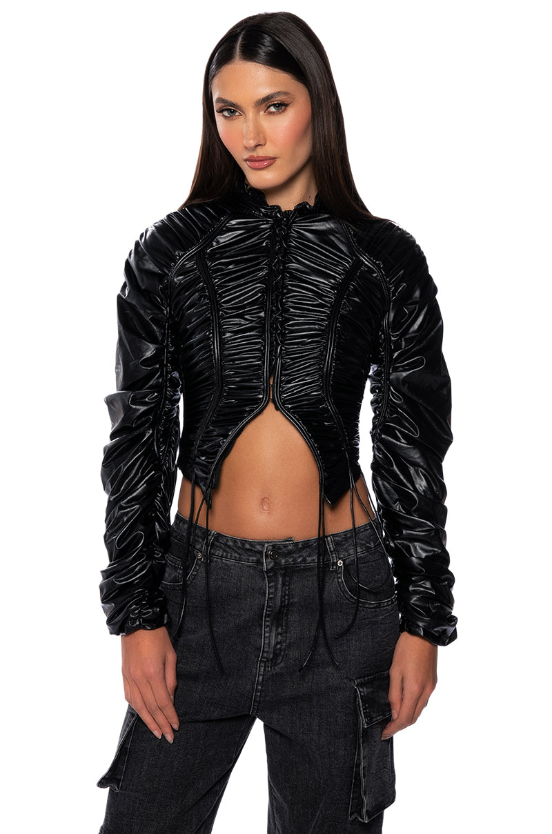 INTO THE MATRIX FAUX LEATHER RUCHED BLOUSE