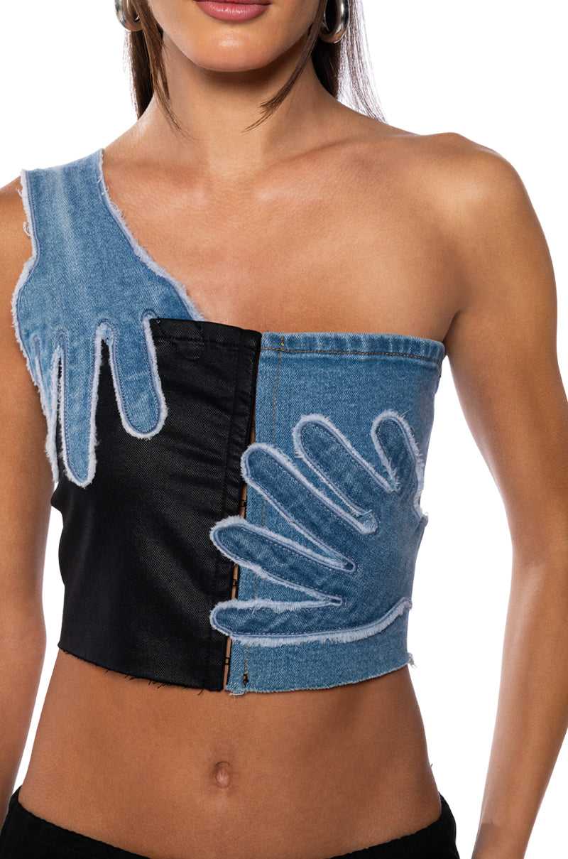 BREAKING CHAINS TWO TONED PU DENIM TOP