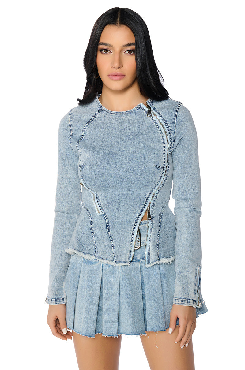 MIRROR MIRROR DENIM PEPLUM BLOUSE